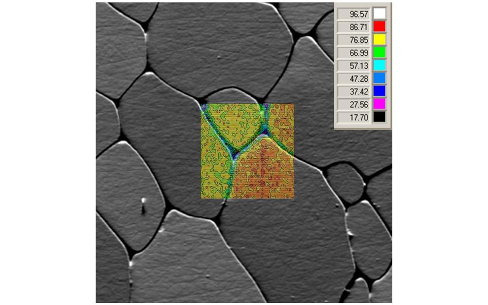 elastic modulus of four calcite crystals of a Pinna Nobilis shell have been mapped over and area of 45 x 45 µm - micro material - buy - mechanical test instrument - buy - uk made