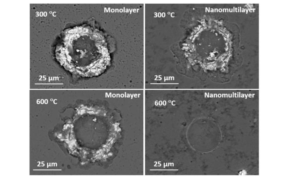 image showing impact test on cutting tool coatings at 300 and 600 degrees Centrigrade using NanoTest instrument 4 indents on cutting tool coatings a