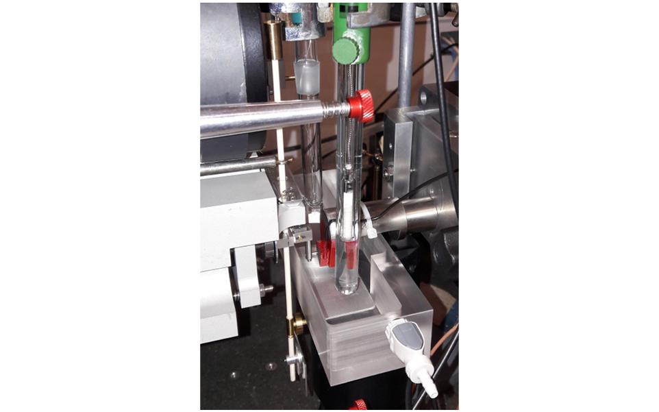 Electrochemical cell setup with platinum counter electrode, Ag/AgCl reference probe, and sample as working electrode, ensuring electrical isolation for precise potentiostat feedback | Mechanical Test Instrument Buy UK Made