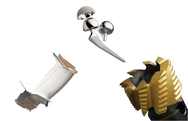 image showing articial hip joint, cutting tool and turbine blade, subjected to nano-mechanical characterisation tests in the Micro Materials Ltd  demo lab